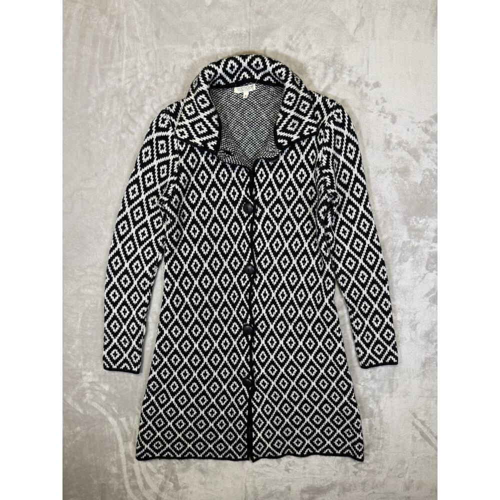 COCOGIO Sweater Women Small Black Cardigan Wool Blend 3-Button Houndstooth Italy